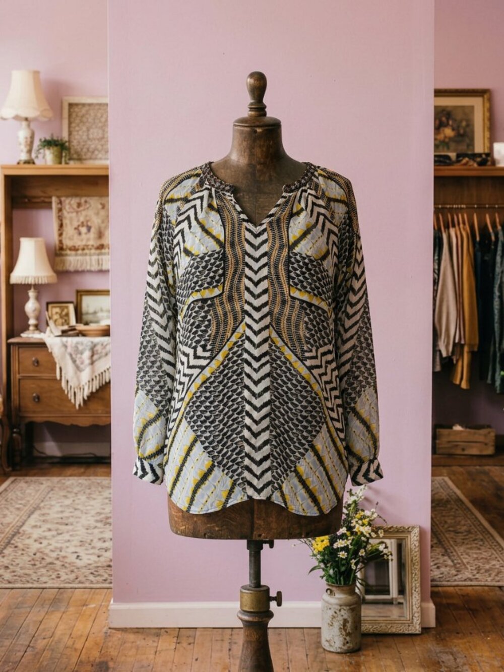 Hale Bob 100% Silk Beaded Neckline Mixed Print Blouse Black Yellow S